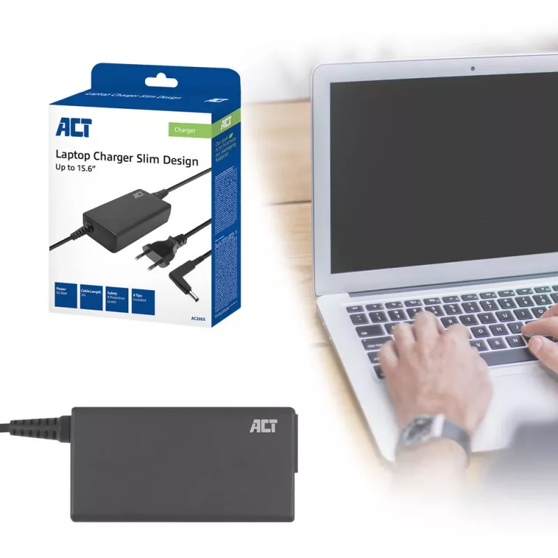 ACT Slim size laptop charger 65W (for laptops up to 15.6 inch)