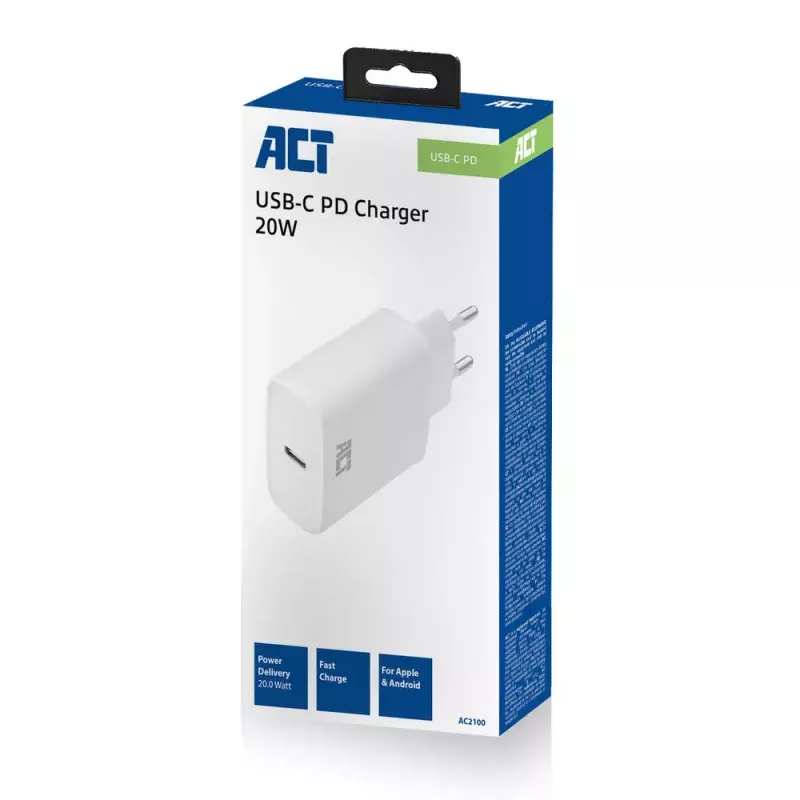 ACT Compact USB-C Charger 20W Fast Charging Indoor Universal White