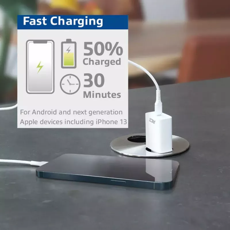 ACT Compact USB-C Charger 20W Fast Charging Indoor Universal White