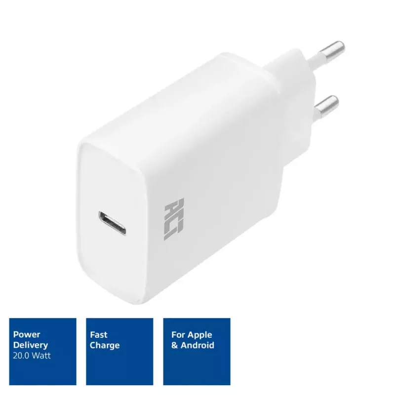ACT Compact USB-C Charger 20W Fast Charging Indoor Universal White