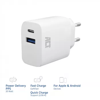 ACT USB-C & USB-A charger 20W with Power Delivery PPS, Quick Charge, GaNFast
