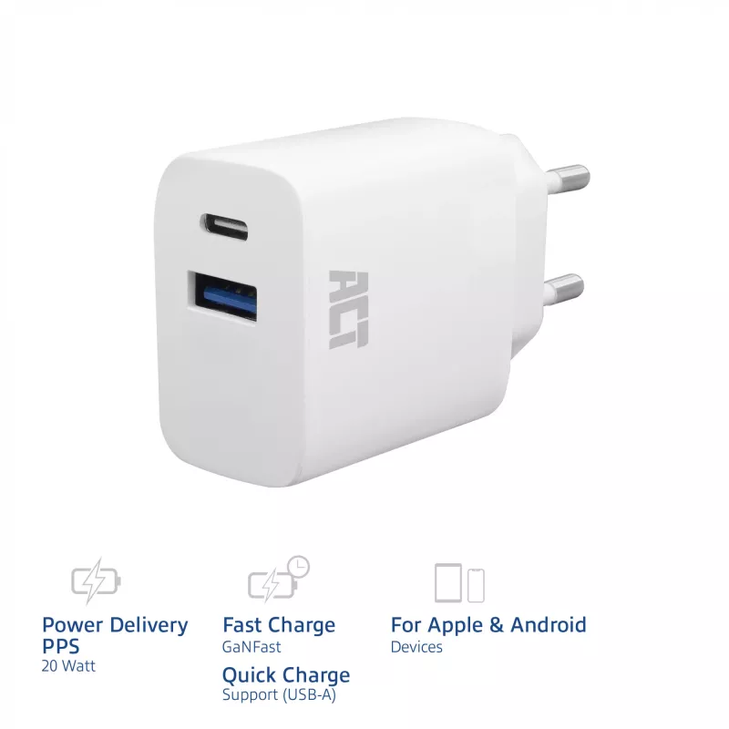 ACT USB-C & USB-A charger 20W with Power Delivery PPS, Quick Charge, GaNFast