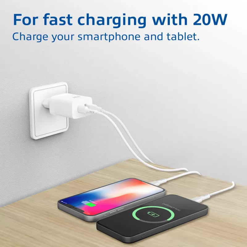 ACT USB-C & USB-A charger 20W with Power Delivery PPS, Quick Charge, GaNFast