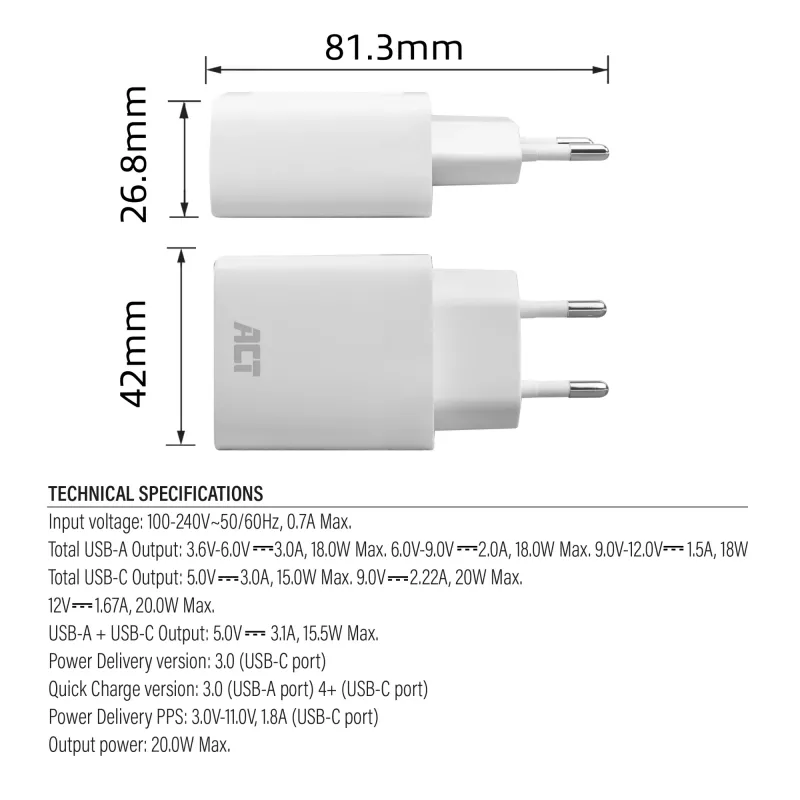 ACT USB-C & USB-A charger 20W with Power Delivery PPS, Quick Charge, GaNFast