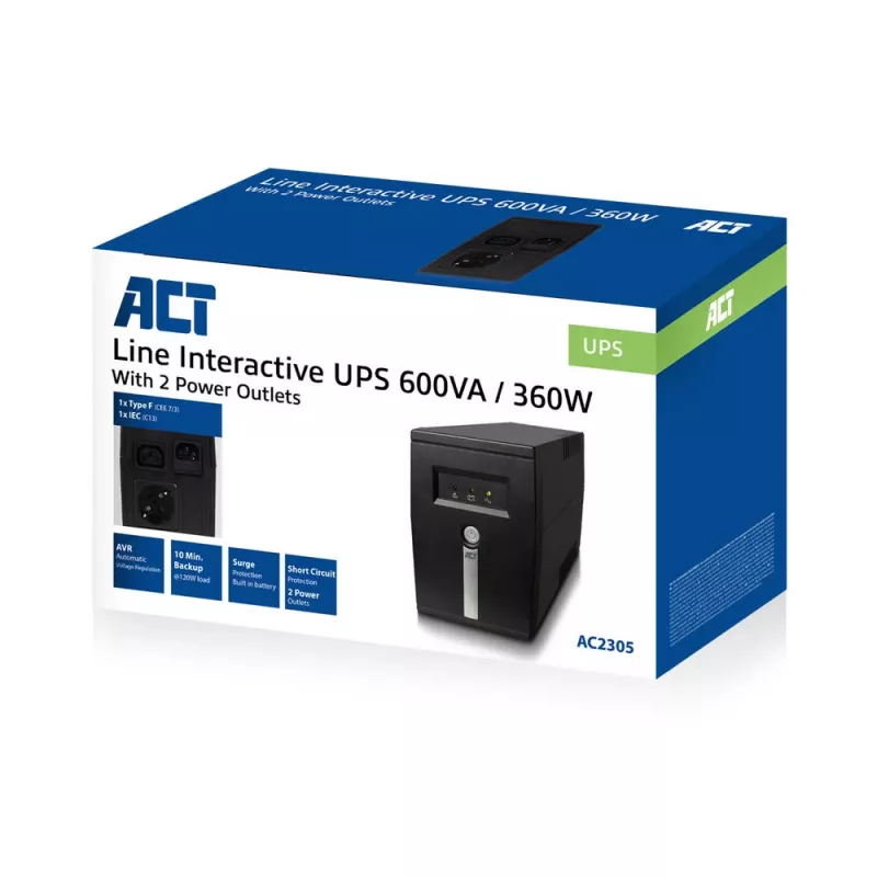 ACT Line Interactive UPS 600 VA - 360W with AVR, Line-Interactive, 0.6 kVA, 360 W, 240 V, Overcharge, Overdischarge, Overload, Short circuit, C13 coupler, Type F