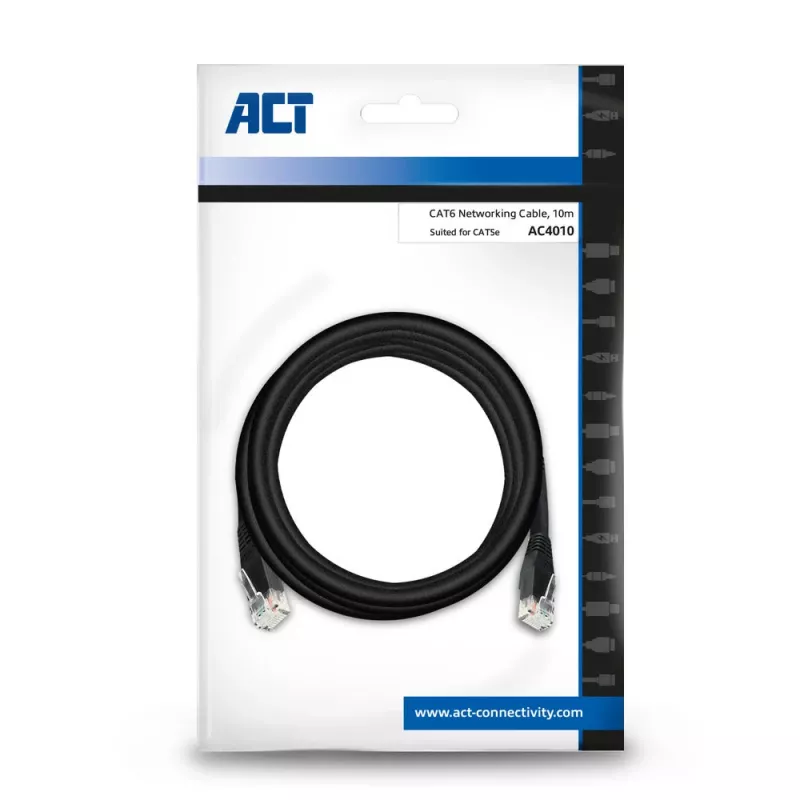 ACT Black 10.0 meter U/UTP, CAT6 patch cable with RJ45 connectors