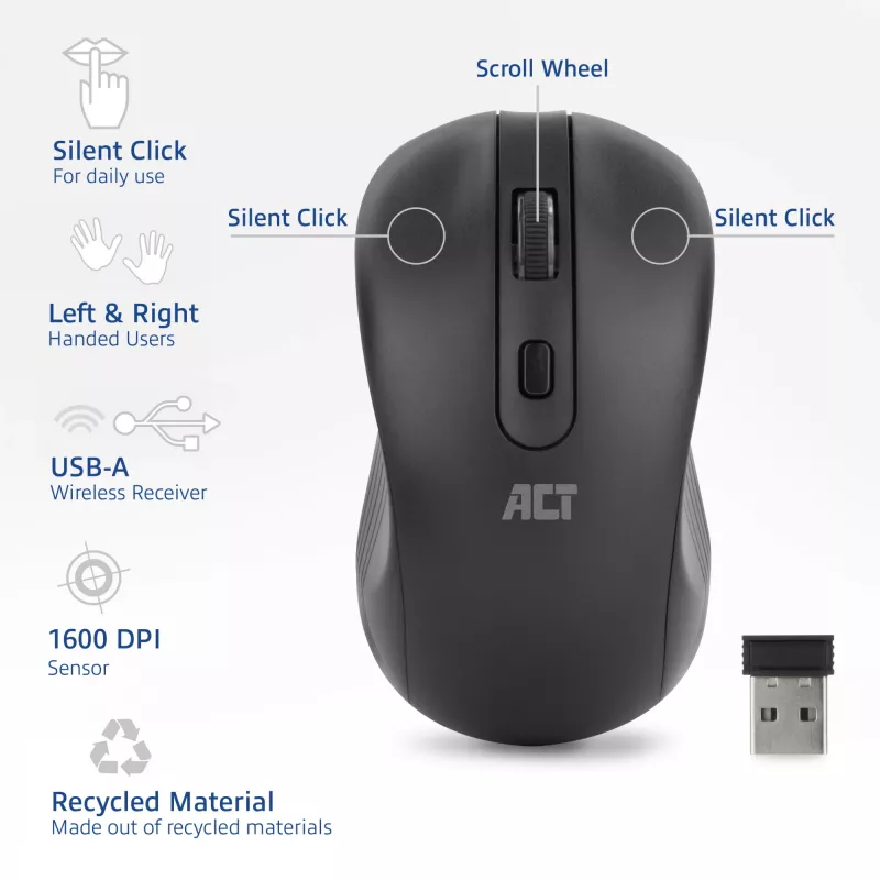 ACT Wireless Mouse 1600 DPI, silent click, eco-friendly, made from recycled materials