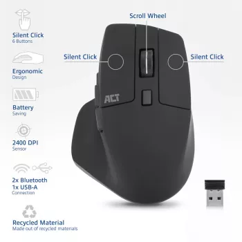 ACT Wireless multi-connect mouse Bluetooth or USB-A receiver, 2400 DPI with silent click, eco-friendly