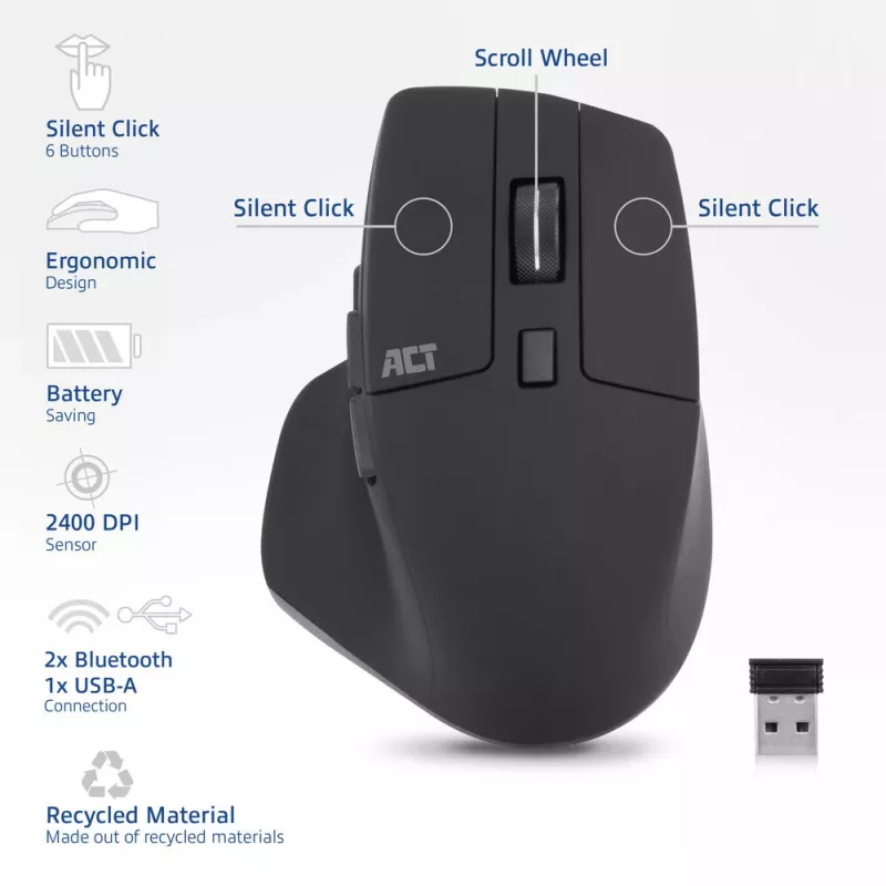 ACT Wireless multi-connect mouse Bluetooth or USB-A receiver, 2400 DPI with silent click, eco-friendly