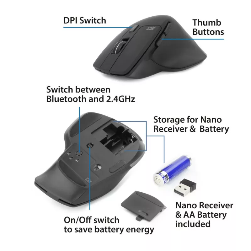 ACT Wireless multi-connect mouse Bluetooth or USB-A receiver, 2400 DPI with silent click, eco-friendly