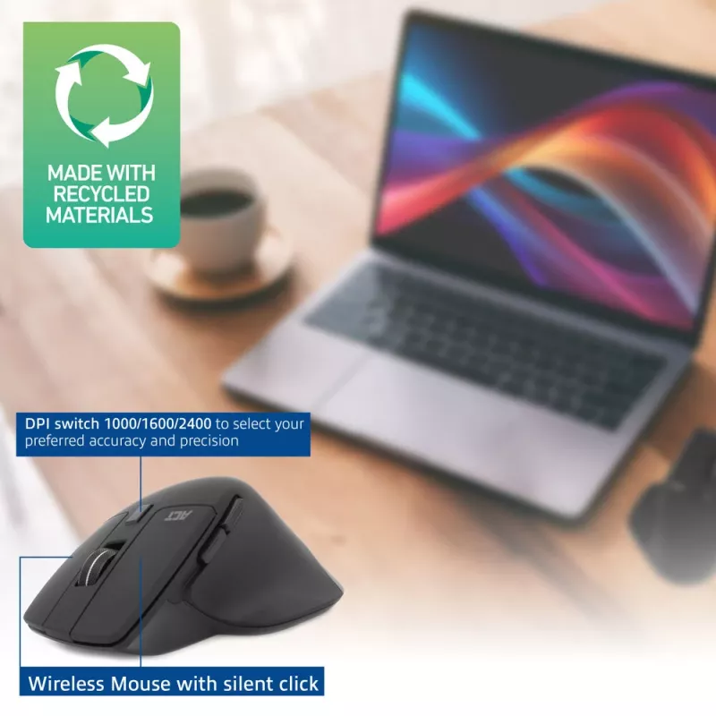 ACT Wireless multi-connect mouse Bluetooth or USB-A receiver, 2400 DPI with silent click, eco-friendly