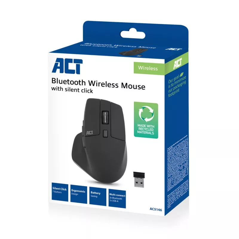 ACT Wireless multi-connect mouse Bluetooth or USB-A receiver, 2400 DPI with silent click, eco-friendly