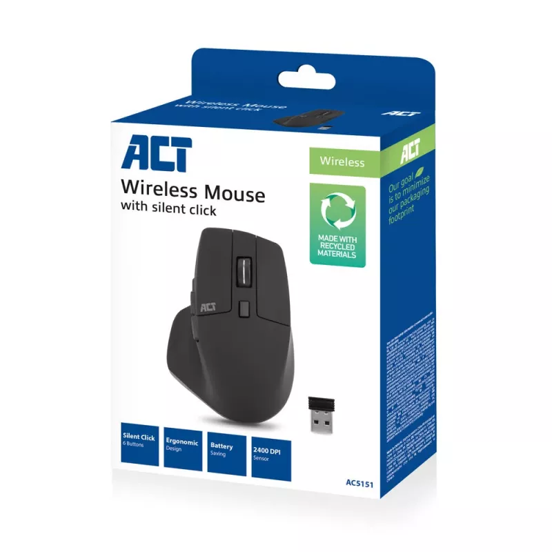 ACT Wireless mouse 2400 DPI with silent click, eco-friendly, made from recycled materials