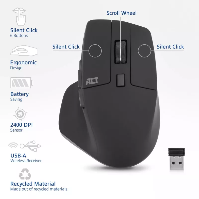 ACT Wireless mouse 2400 DPI with silent click, eco-friendly, made from recycled materials