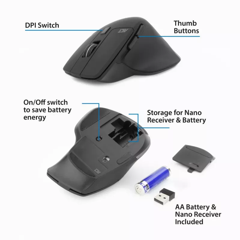 ACT Wireless mouse 2400 DPI with silent click, eco-friendly, made from recycled materials