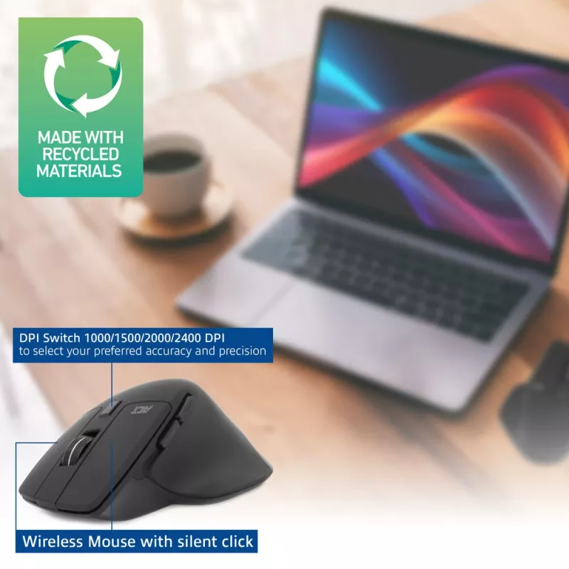 ACT Wireless mouse 2400 DPI with silent click, eco-friendly, made from recycled materials