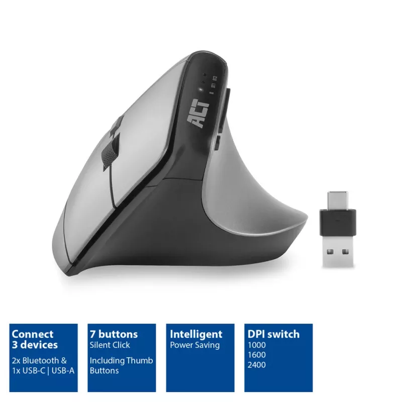 ACT Wireless Ergonomic Mouse with Bluetooth and USB-C/USB-A