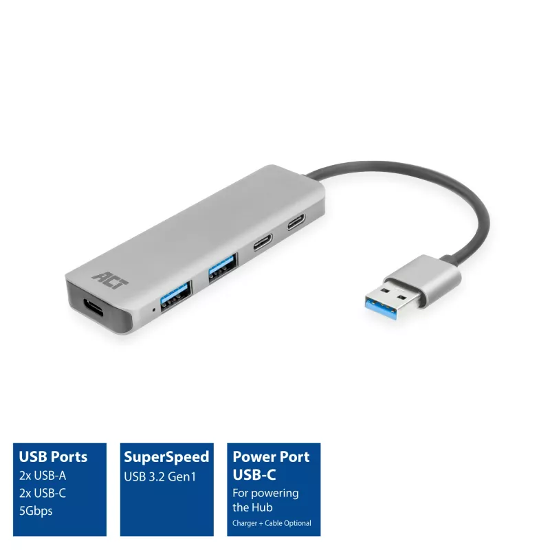 USB Hub ACT AC6125 3.2 Gen 1 Type-A 5000 Mbit/s Grey