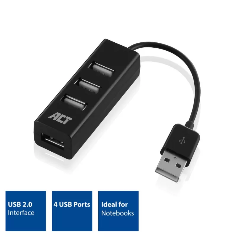 USB Hub ACT AC6205 2.0 480 Mbit/s Black 0.12m