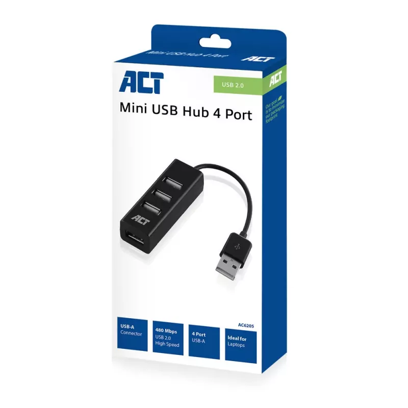 USB Hub ACT AC6205 2.0 480 Mbit/s Black 0.12m