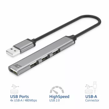 ACT AC6225 USB 2.0 Hub 480 Mbit/s Grey Aluminium