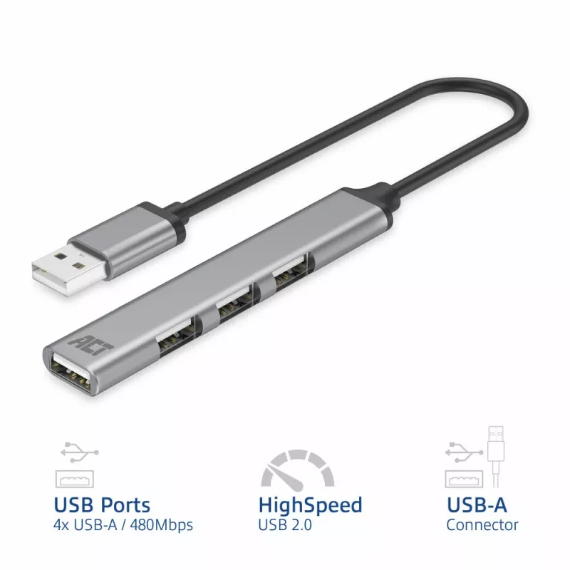 ACT AC6225 USB 2.0 Hub 480 Mbit/s Grey Aluminium
