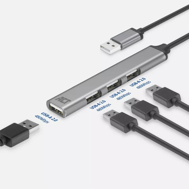 ACT AC6225 USB 2.0 Hub 480 Mbit/s Grey Aluminium