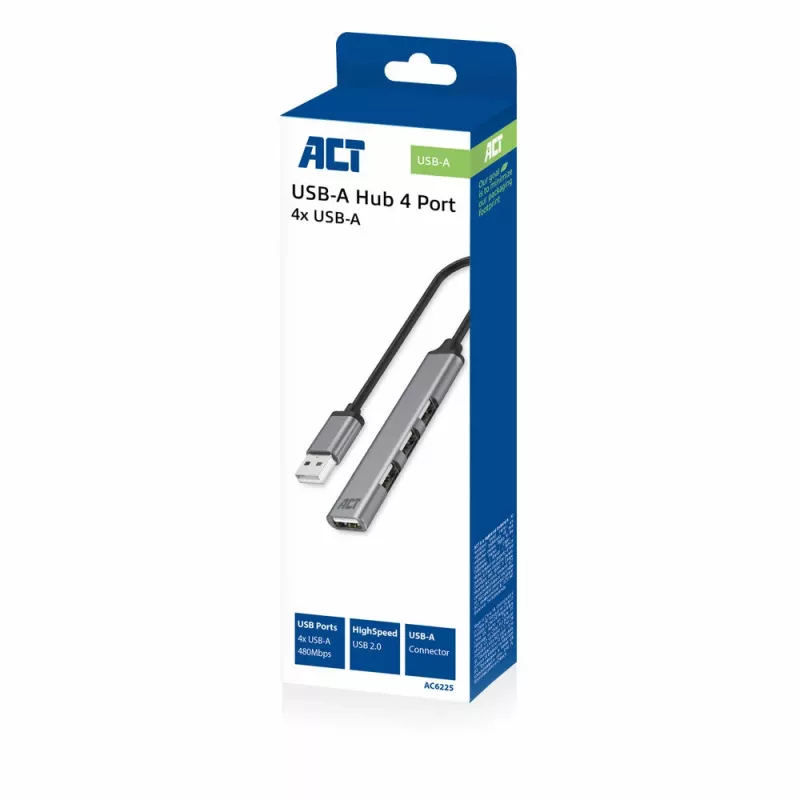 ACT AC6225 USB 2.0 Hub 480 Mbit/s Grey Aluminium