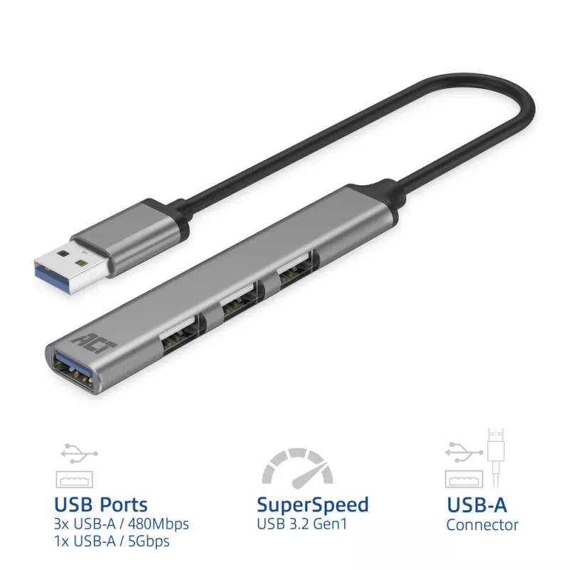 ACT AC6325 USB 3.2 Gen 1 Type-A Hub 5000 Mbit/s Grey