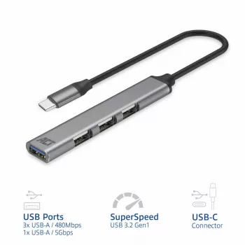 USB Hub ACT AC6425 Type-C 5000 Mbit/s Aluminium Grey