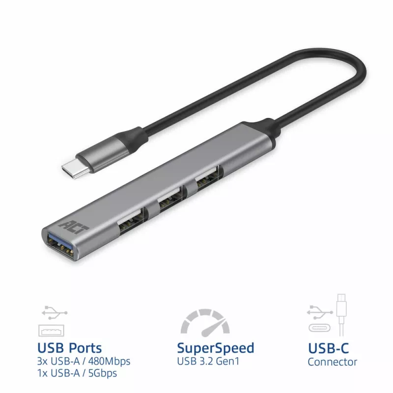 USB Hub ACT AC6425 Type-C 5000 Mbit/s Aluminium Grey