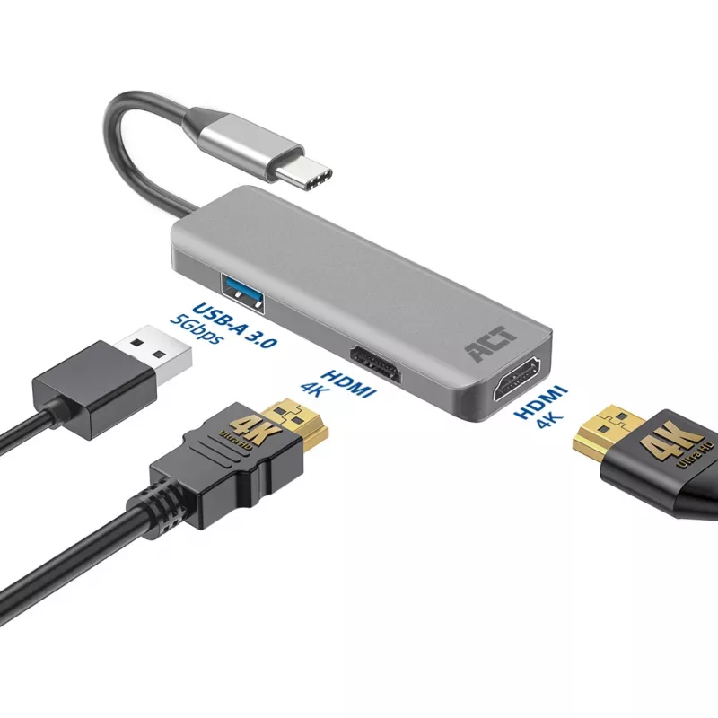 ACT USB-C 4K multiport adapter for 2 HDMI monitors, USB-A data port