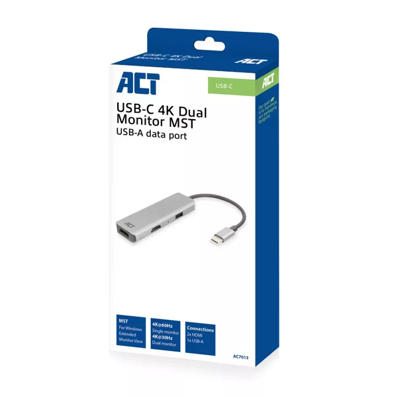 ACT USB-C 4K multiport adapter for 2 HDMI monitors, USB-A data port