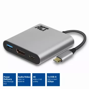 ACT USB-C multiport adapter for 1 HDMI monitor, 1x USB-A, PD pass-through