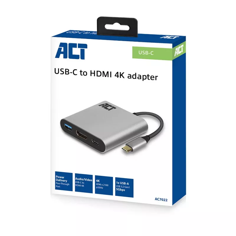 ACT USB-C multiport adapter for 1 HDMI monitor, 1x USB-A, PD pass-through