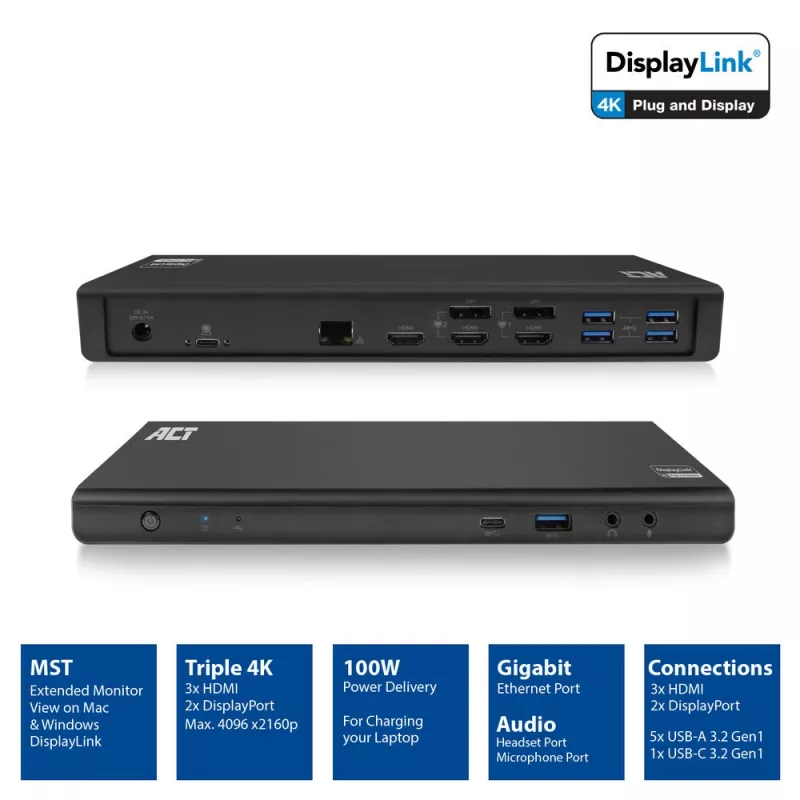 ACT USB-C Docking Station 4K, for 2 or 3 HDMI/DisplayPort monitors, DisplayLink