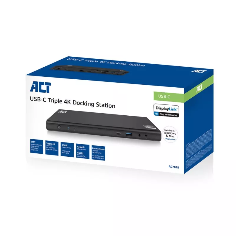ACT USB-C Docking Station 4K, for 2 or 3 HDMI/DisplayPort monitors, DisplayLink