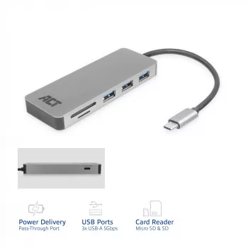 ACT USB-C hub 3.0, 3x USB-A, card reader, PD pass-through