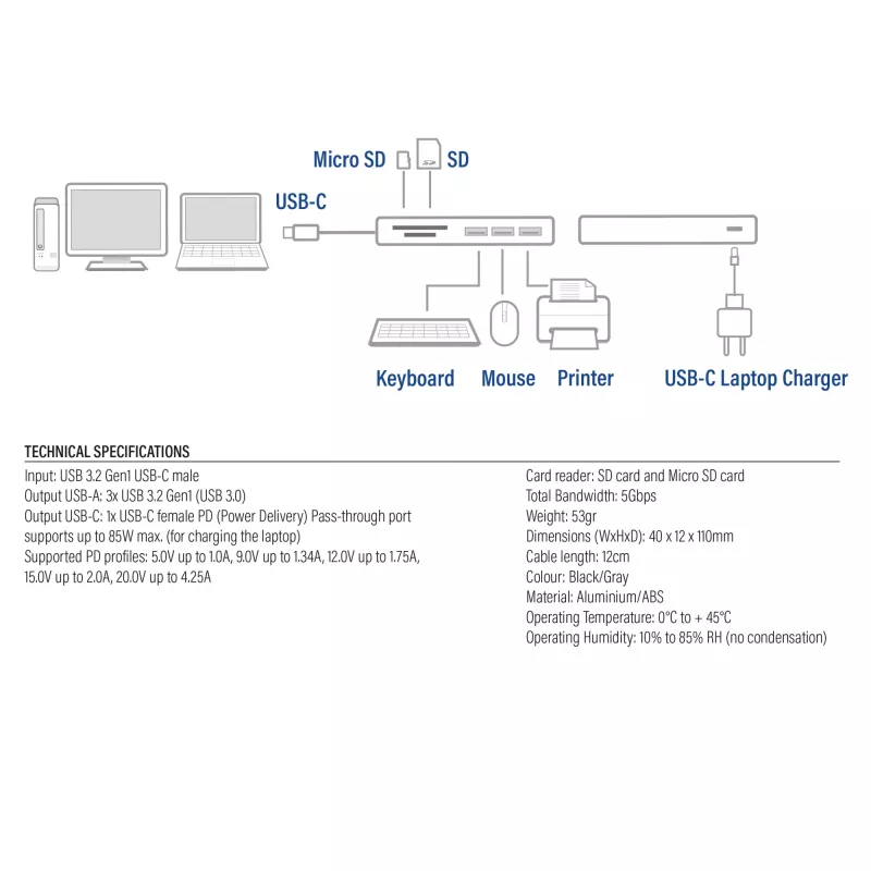 ACT USB-C hub 3.0, 3x USB-A, card reader, PD pass-through