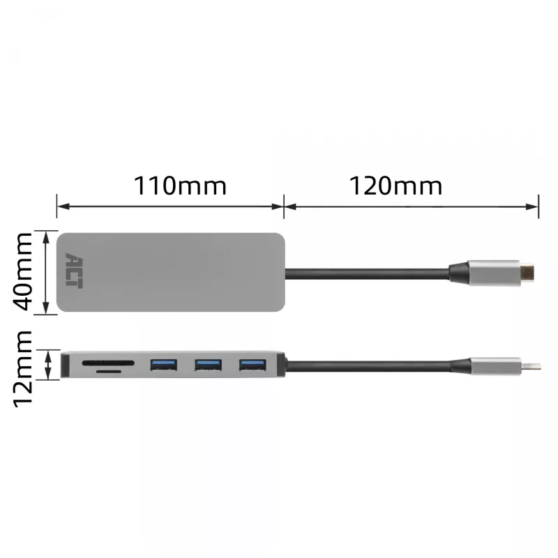 ACT USB-C hub 3.0, 3x USB-A, card reader, PD pass-through