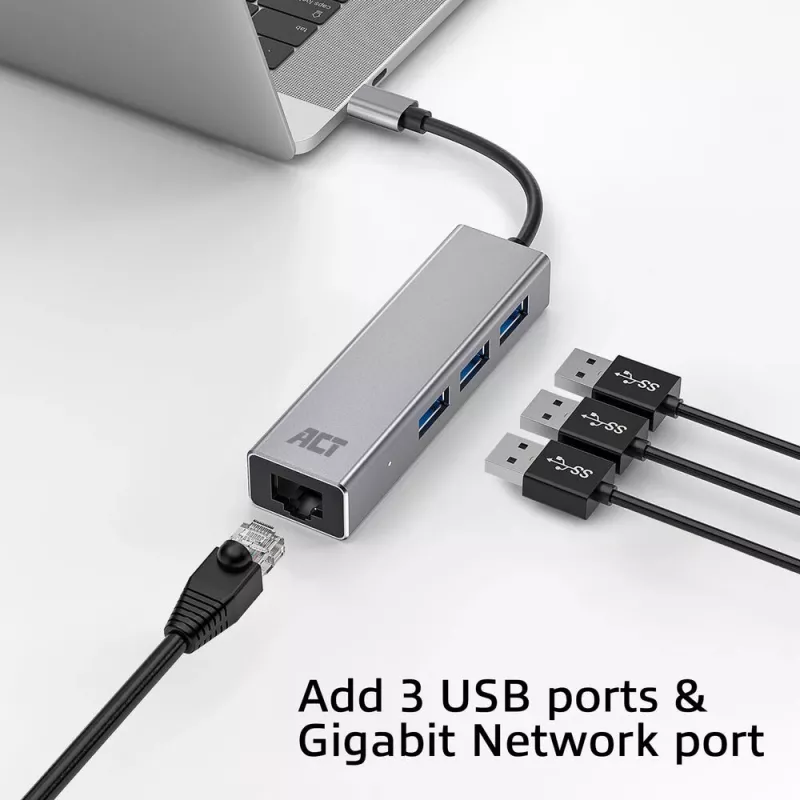 USB-C Hub ACT AC7055 3x USB-A Gigabit Ethernet