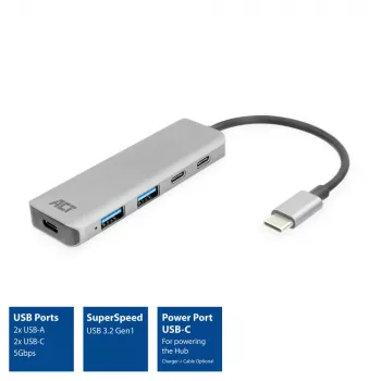 ACT AC7072 USB 3.2 Gen 1 Type-C Hub 5000 Mbit/s Black Grey