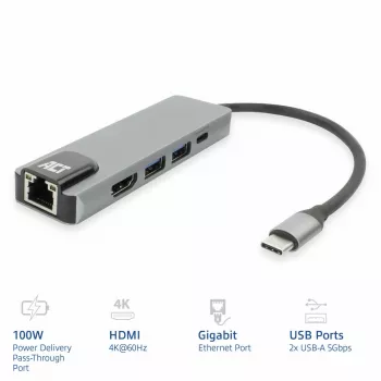 ACT USB-C 4K docking station for 1 HDMI monitor, ethernet, USB-A, PD pass-through