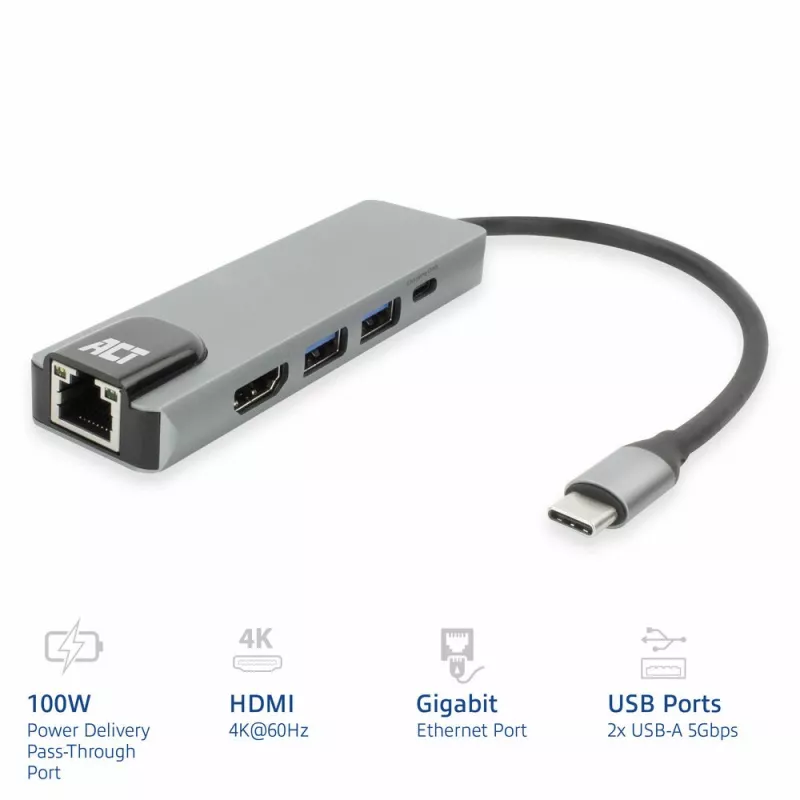 ACT USB-C 4K docking station for 1 HDMI monitor, ethernet, USB-A, PD pass-through