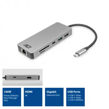 ACT USB-C 4K docking station for 1 HDMI monitor, Ethernet, USB-C, USB-A, card reader and PD pass-through
