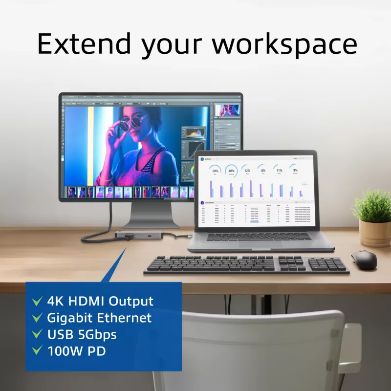 ACT USB-C 4K docking station for 1 HDMI monitor, Ethernet, USB-C, USB-A, card reader and PD pass-through