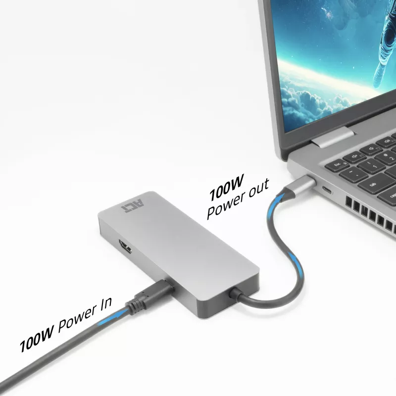 ACT USB-C 4K docking station for 1 HDMI monitor, Ethernet, USB-C, USB-A, card reader and PD pass-through