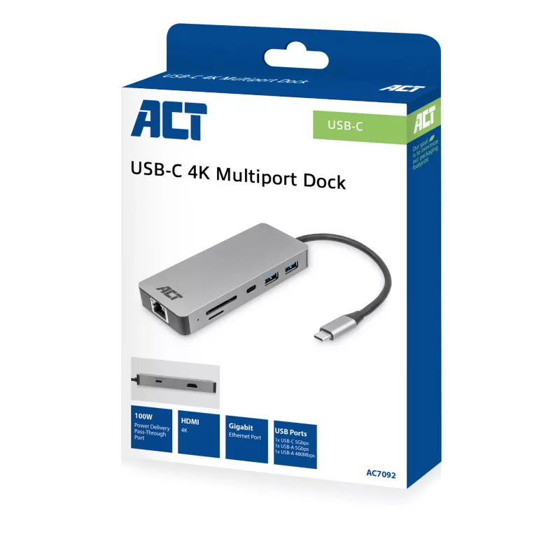 ACT USB-C 4K docking station for 1 HDMI monitor, Ethernet, USB-C, USB-A, card reader and PD pass-through