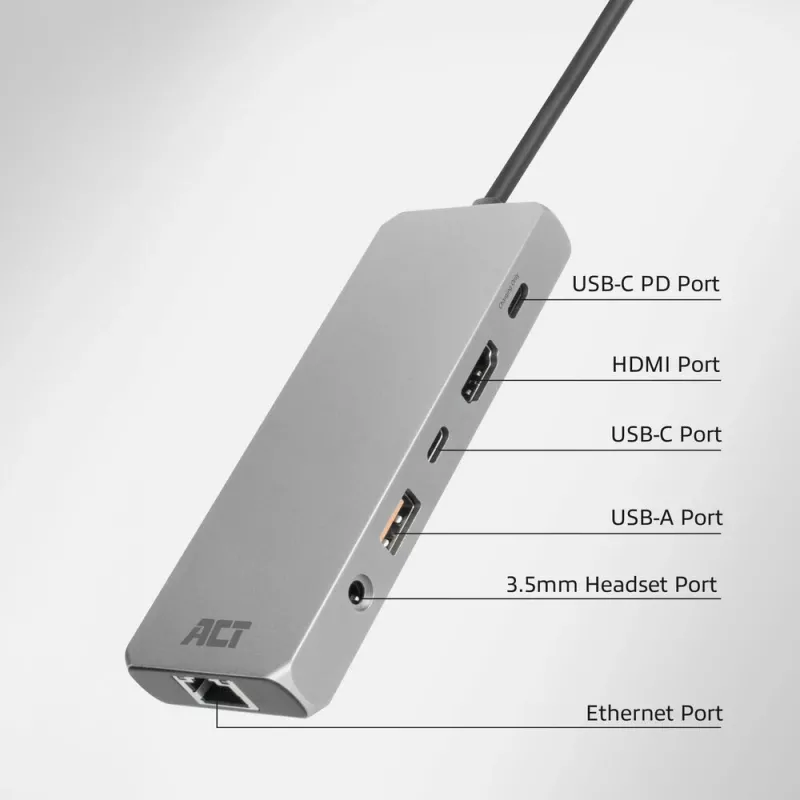 ACT USB-C 4K / 8K 30Hz docking station for 1 HDMI monitor, 2.5 Gigabit ethernet, USB-C 10Gbps, USB-A 10Gbps, 3.5mm audio, PD pass-through