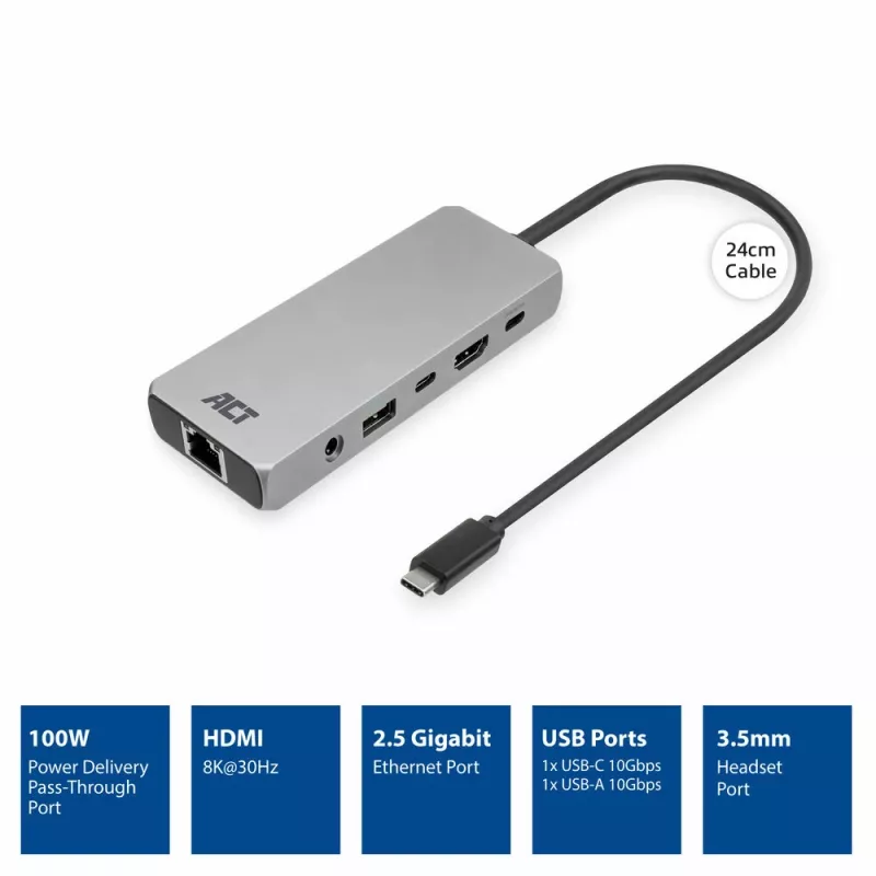 ACT USB-C 4K / 8K 30Hz docking station for 1 HDMI monitor, 2.5 Gigabit ethernet, USB-C 10Gbps, USB-A 10Gbps, 3.5mm audio, PD pass-through